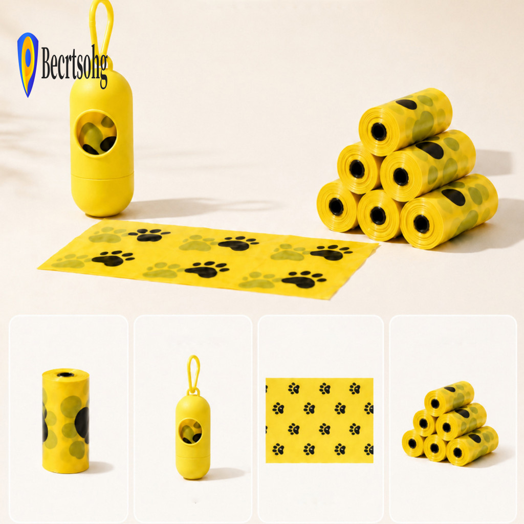 Portable Dog Bag Holder Poop Bags Extra Thick Leak-proof with Dispenser 15 Per Roll Cute Paw Print for Outdoor Walking f