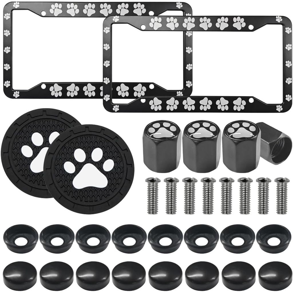 2PCS Cat Dog Paw Print License Plate Frames - Aluminum Alloy License Plate Holders Cover with 2 Paw Mat & 4 Dog Paw Valv