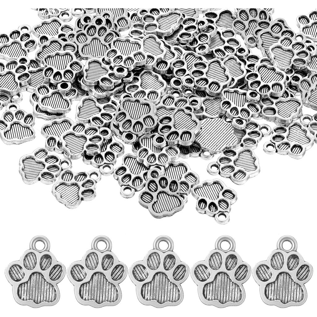 100Pcs Metal Dog Paw Charms for Bracelets Making, 0.47x0.59inch Pendant for Keychain Earring Paw Print Cat Animal Charm
