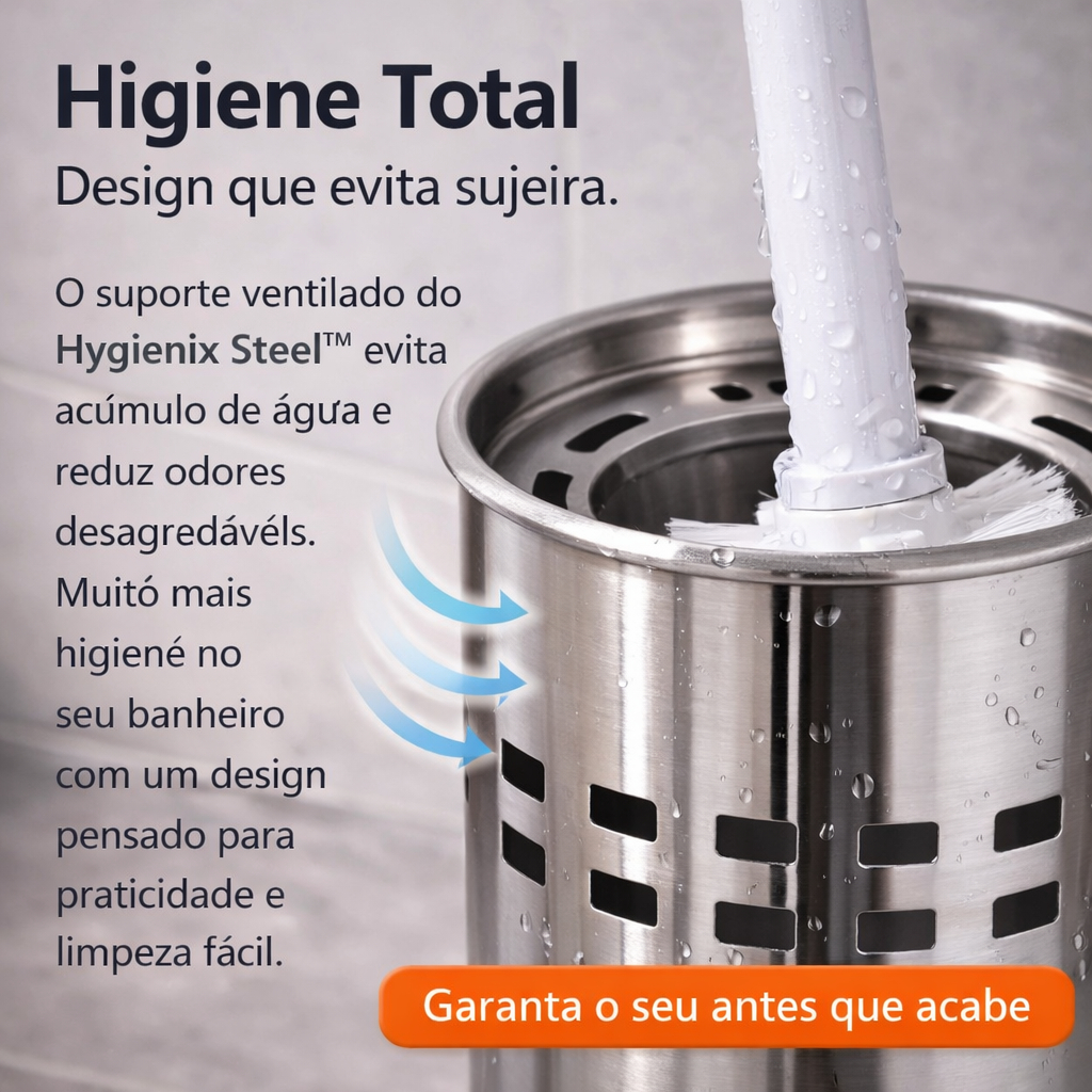 Escova Sanitária Aço Inox com Suporte Hygienix Steel Elite™ Escova de Banheiro Moderna Anticorrosão