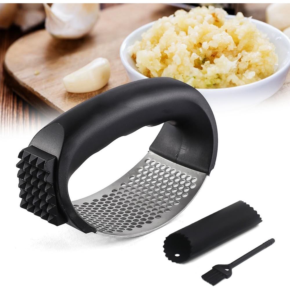 2026 Upgraded garlic press rocker, stainless steel garlic press, garlic crusher with peeler and cleaning brush, c