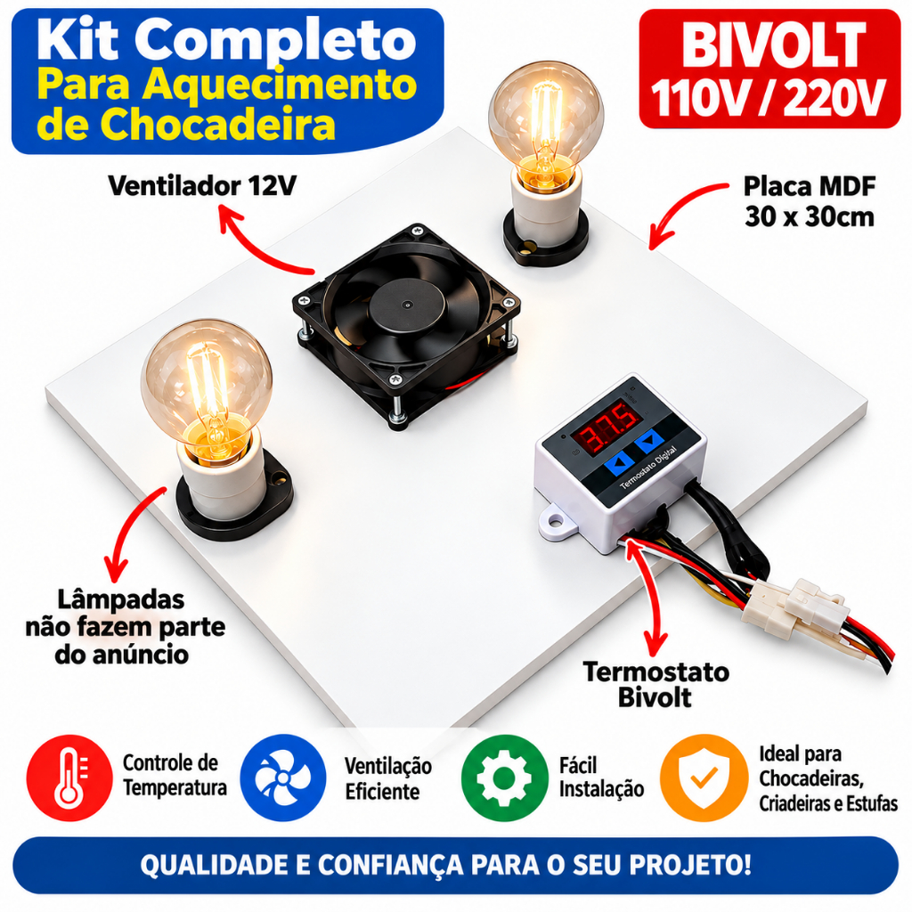 Kit Pet Completo Para Aquecimento De Chocadeira 127 Ou 220 Volts Termostato Cooler Soquete Fonte