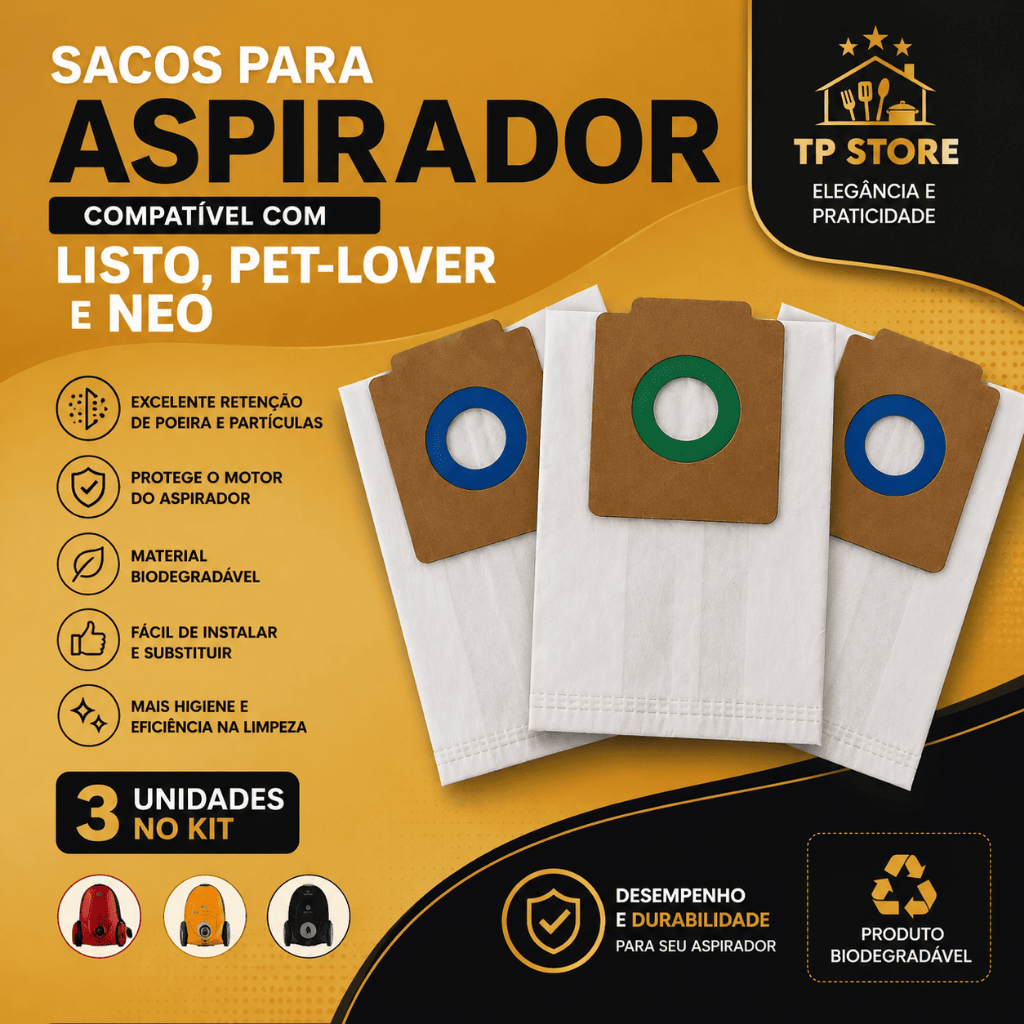 Saco de Aspirador de Pó Listo, Pet Lover e Neo Kit Com 3 Unidades