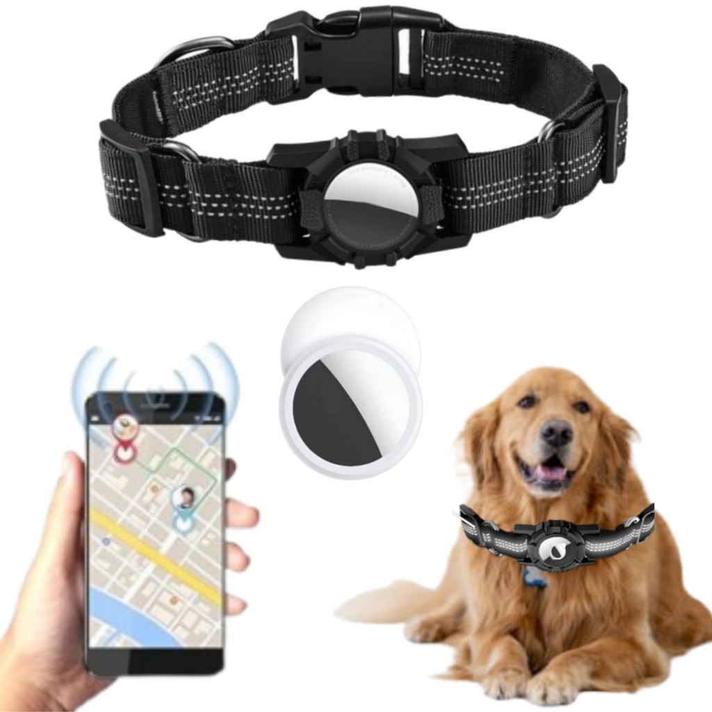 Coleira Localizadora Encaixe P/ Air Tag DURAVEL CACHORRO GATO CÃES GPS REFLETIVA AJUSTÁVEL 35 A 43CM