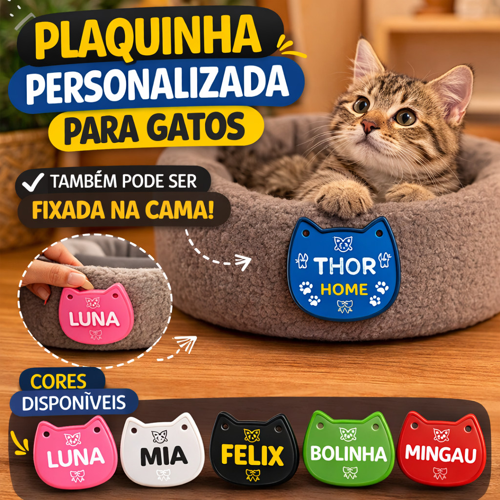 Plaquinha Personalizada para Gatos Nome para Cama Identificador de Coleira com Nome e Telefone  Tag  Gato Personalizado