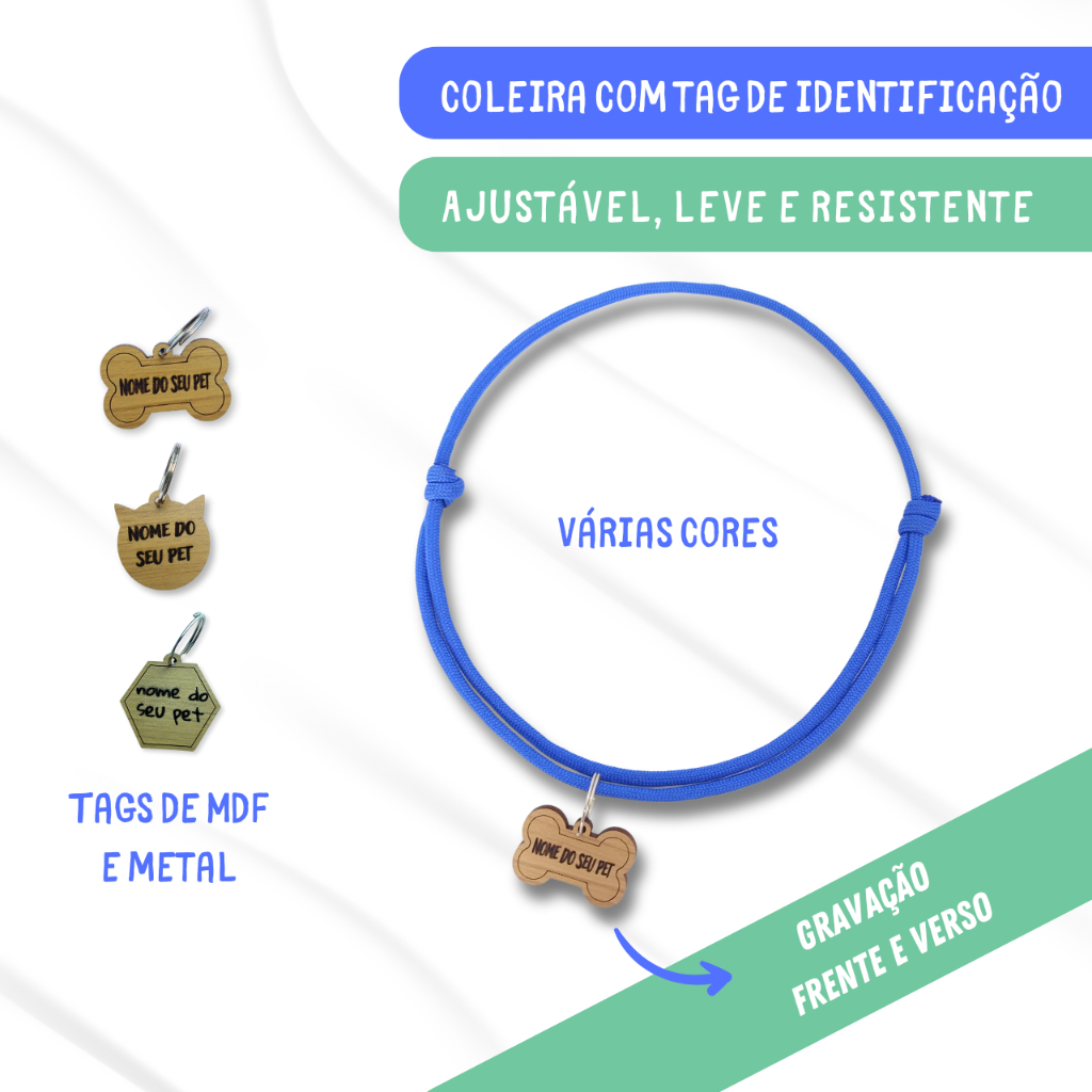 Coleira com tag de identificação Pet ajustável para cachorro e gato Tag de Metal e MDF