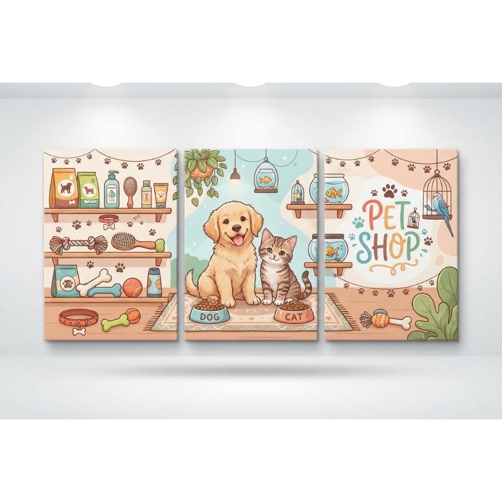 Quadro Decorativo 3 Peças petshop Decoração Sala Quarto Escritório