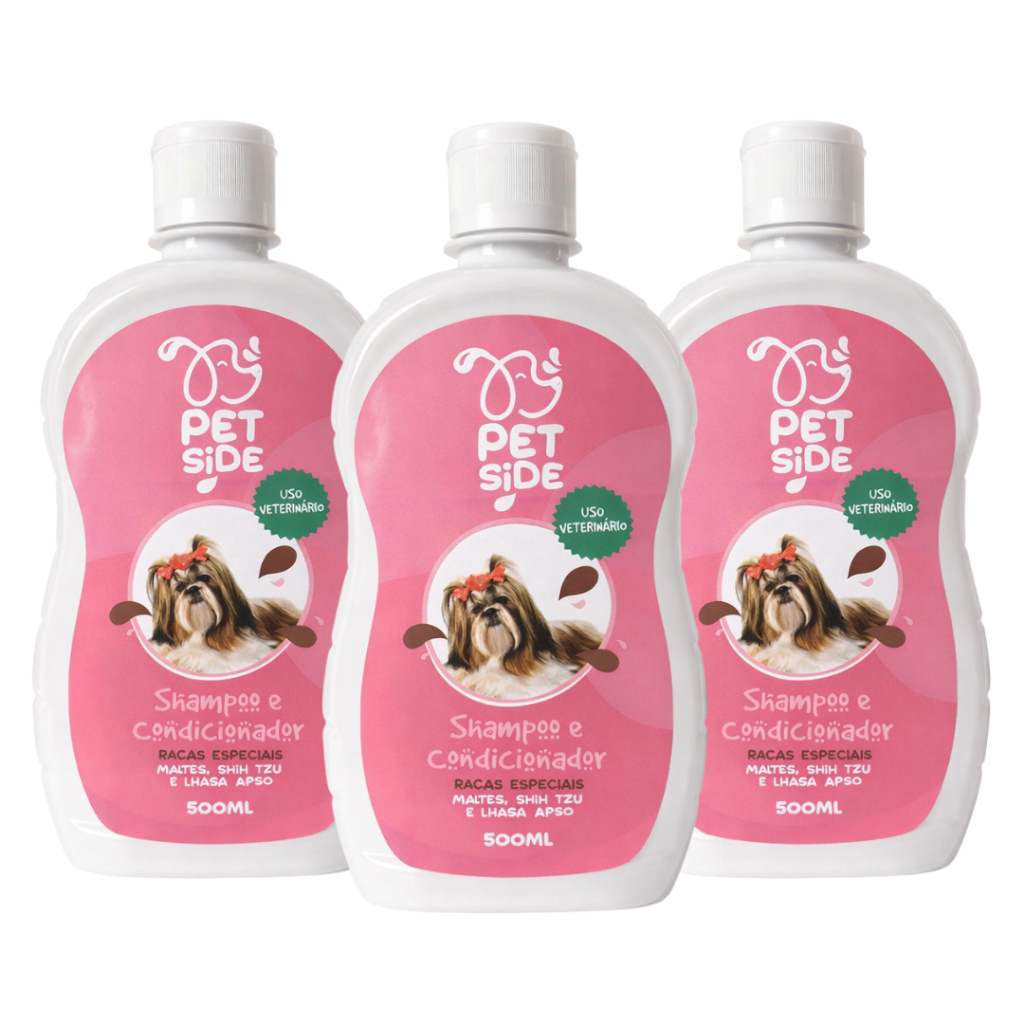 Kit 3 Shampoo & Condicionador Para Cães Shitzu Lhasa Apso Maltês Pelagem Longa Banho Petshop