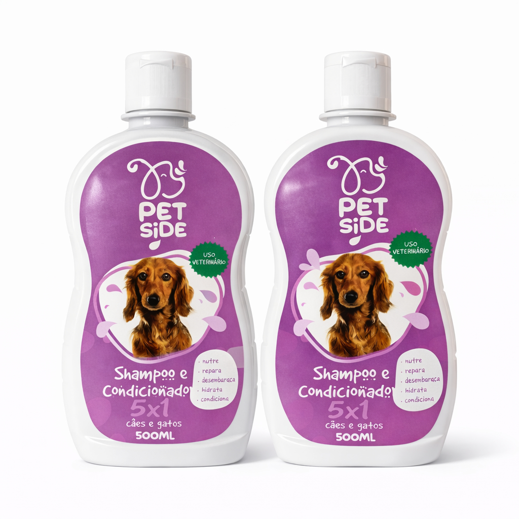 Kit 2 Shampoo & Condicionador 5x1 para Cães e Gatos - Petside 500ml Banho Petshop