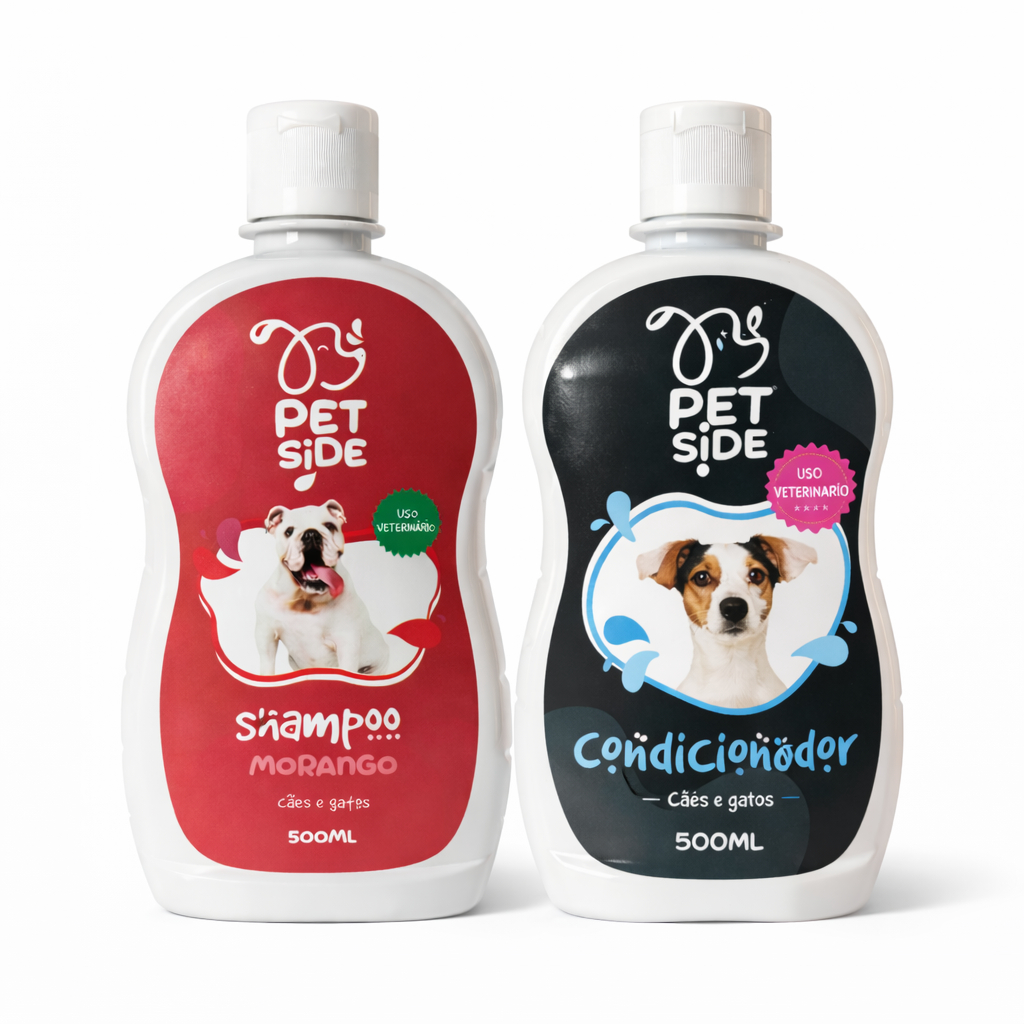 Kit Shampoo Morango + Condicionador Para Cães e gatos Petside 500ml Banho Petshop