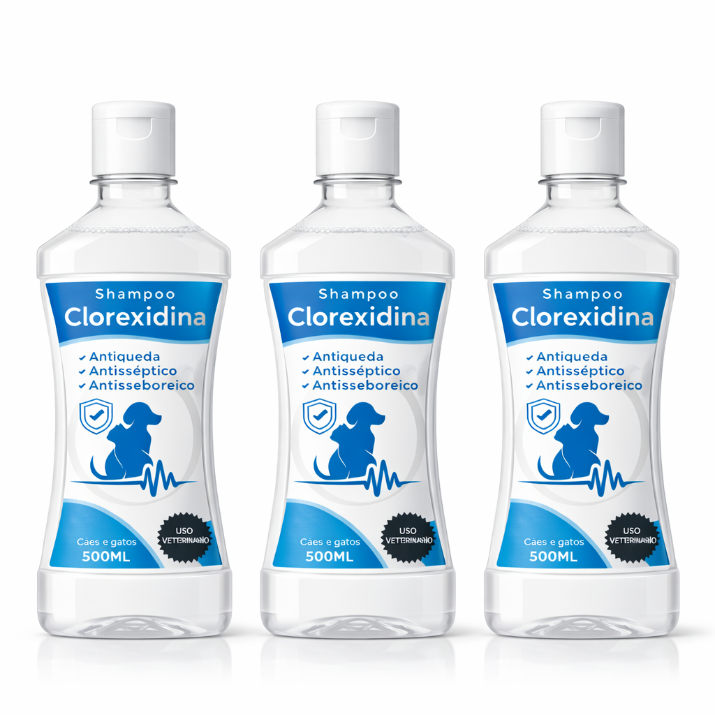 Kit 3 Shampoo Clorexidina 500ml - Limpeza Dermatológica Antiséptico Seborreia Cães e Gatos Petshop