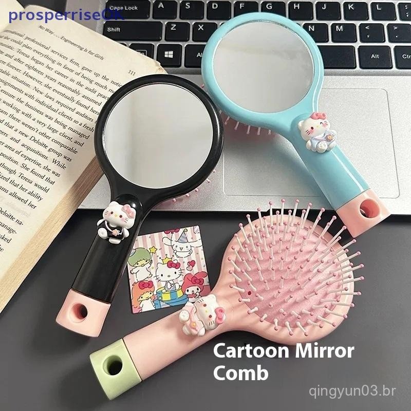 [newpros] 2 Em 1 Hello Kitty Airbag Pente Espelho Sanrio KT Cat Almofada De Ar Fofa De Massagem De Cabeça Meridiano Para