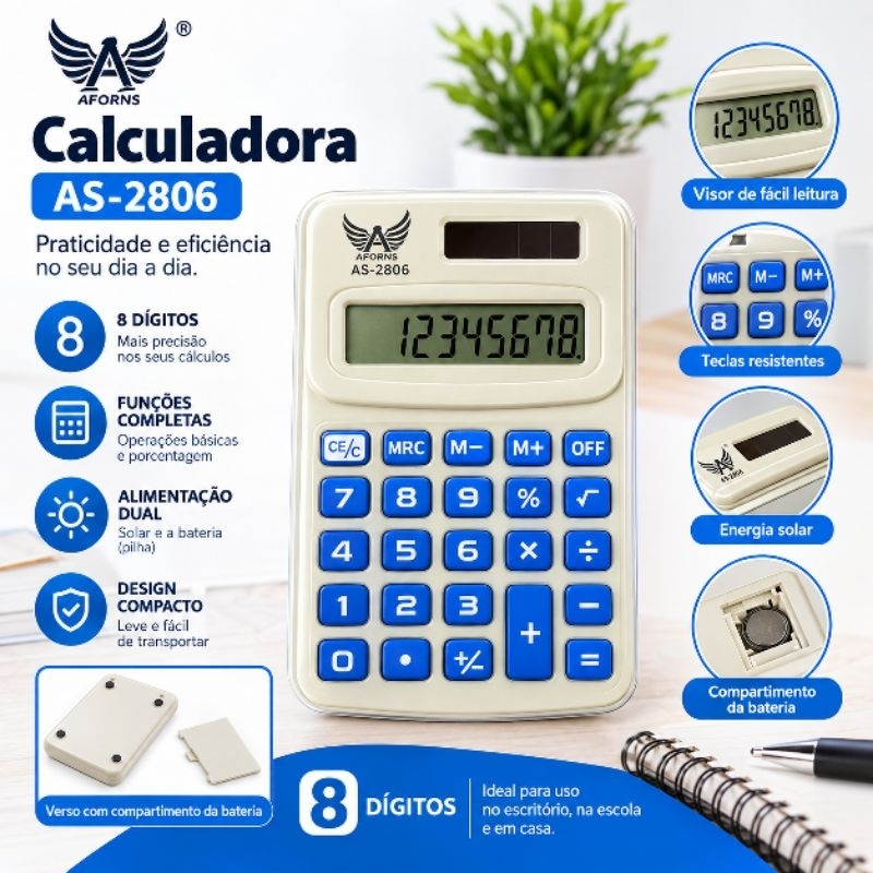 Calculadora Eletrônica de Mesa 8 Dígitos com Display Digital e Desligamento Automático – AS-2806