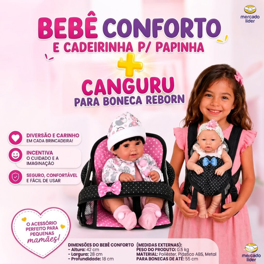 Kit Bebê Conforto E Cadeirinha Papinha + Bolsa Canguru P/ Boneca Reborn Bebê Alive