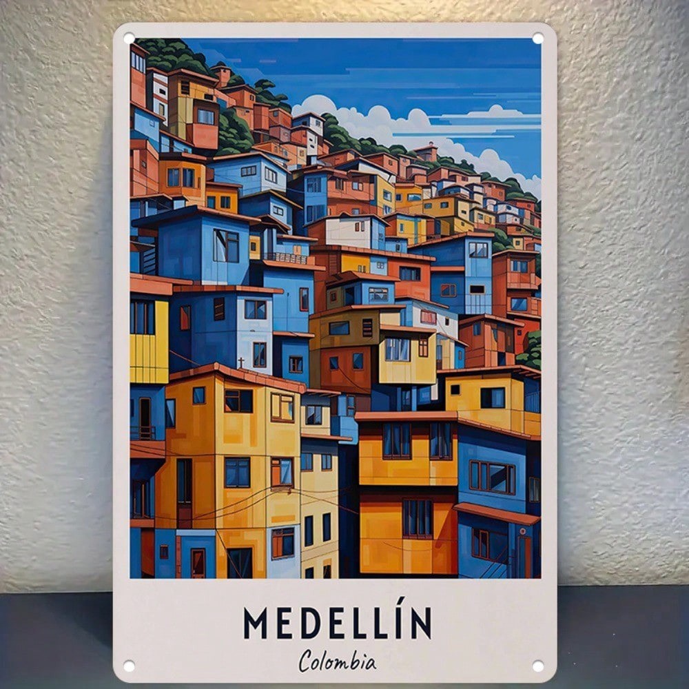 CIFbuy 1pc Retro Medellin Colômbia Viagem Metal Estanho Sinal Vibrante Hillside Arte Da Parede Durável Decorativo Ferro