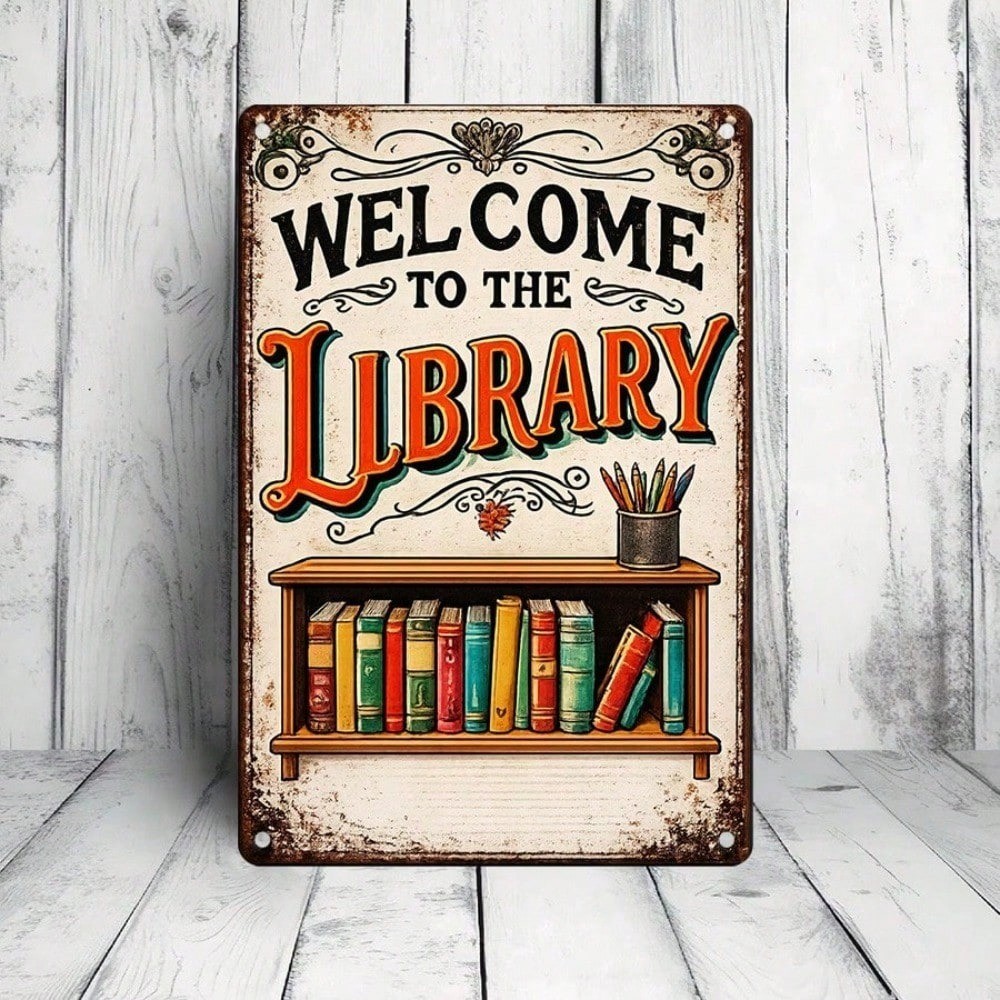 CIFbuy 1PC Bem-Vindo À Biblioteca Estanho Sinal Vintage Estante Placa De Metal Retro Leitura Nook Parede Arte Livro Aman