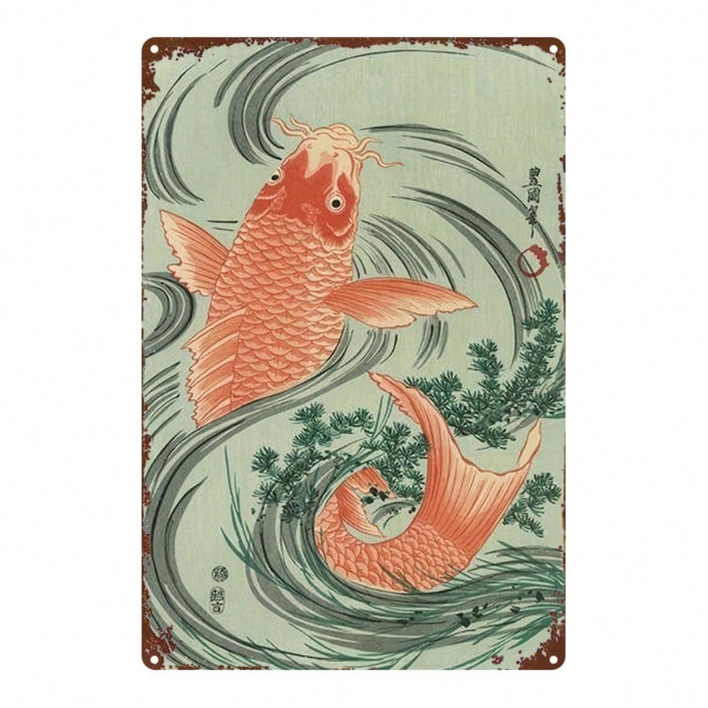 CIFbuy 1pc 8x12in Koi Peixe Sinal De Metal Vintage Pintura De Lata Decoração Da Parede Pinheiro Ondas De Água Quadrado F