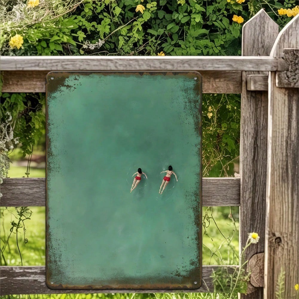 CIFbuy 1pc Vintage Oceano Nadador Sinal De Metal Duas Meninas Natação Ar Verde Arte Placa Ferro 8x12 Polegada Decoração