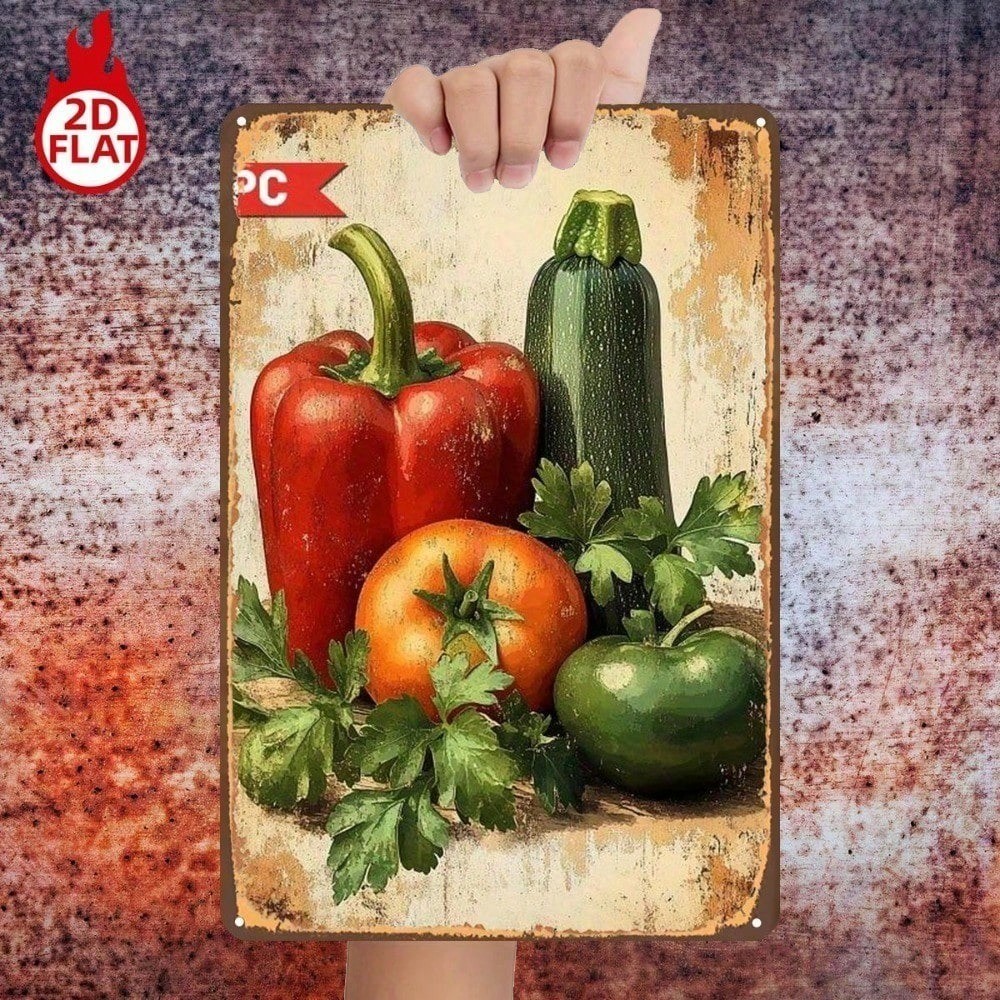 CIFbuy 1pc Sinal De Metal Rústico Legumes Frescos Arte Da Parede Sino Pimenta Tomate Pepino Maçã Verde Placa Ferro 8x12
