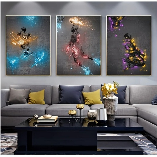 Quadros decorativos Basquete jogadores detalhes coloridos (3 peças)