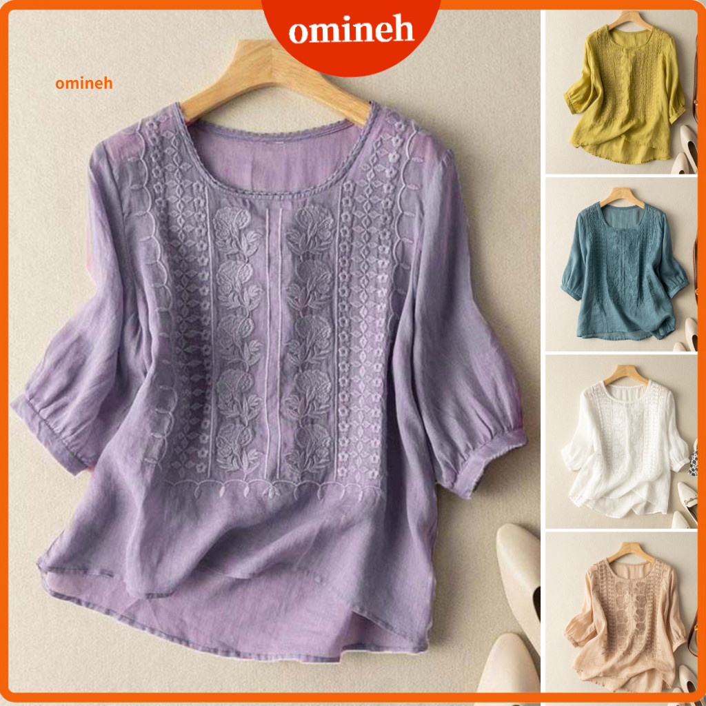 Comfortable Summer Shirt Soft Breathable Fabric Top Women’s Embroidered Puff Sleeve Blouse Round Neck 3/4 Loose Fit Ir
