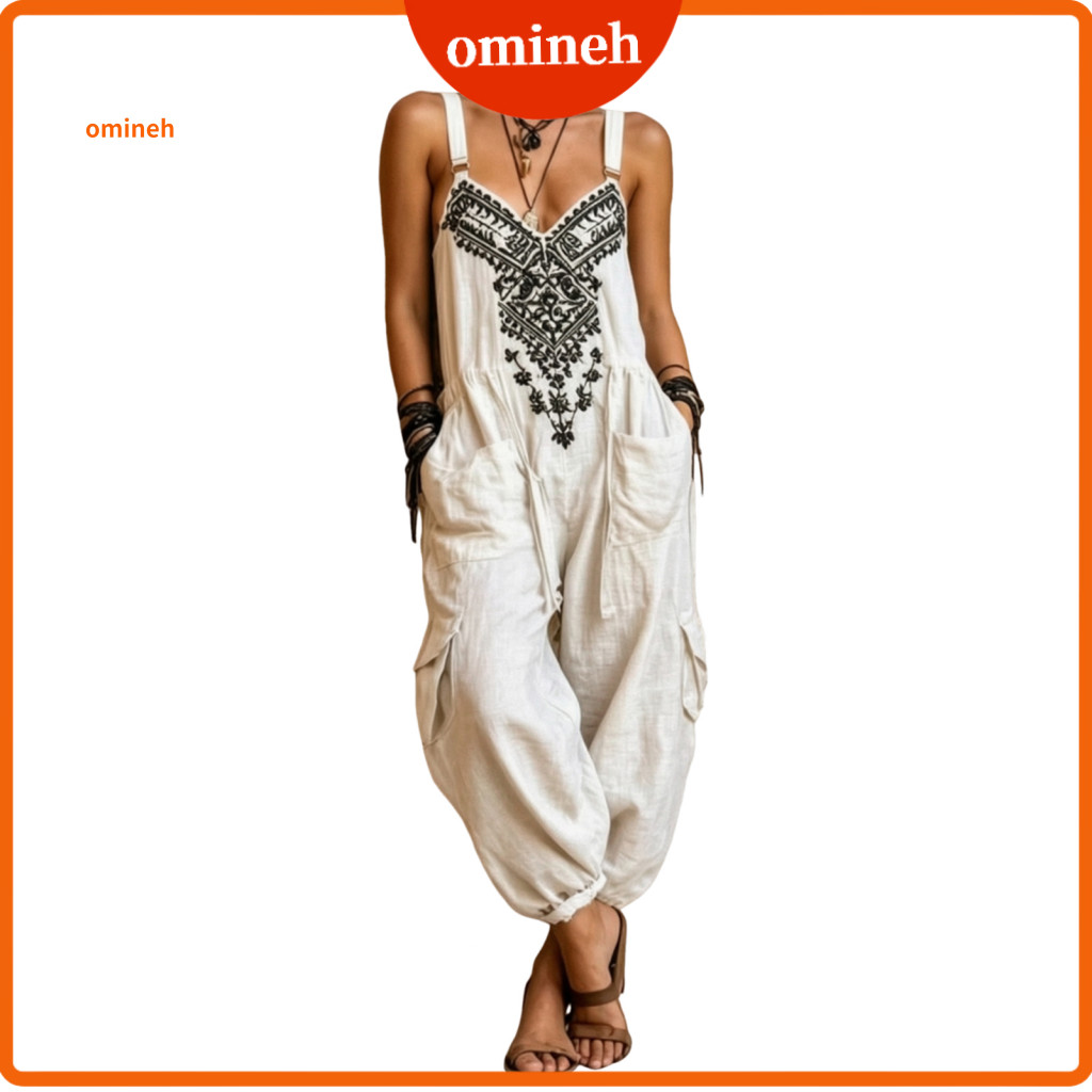 Leg-binding Design Jumpsuit Women’s Linen Halter V Neck Embroidered Boho Romper with Pockets Summer Beach One-piece Ou