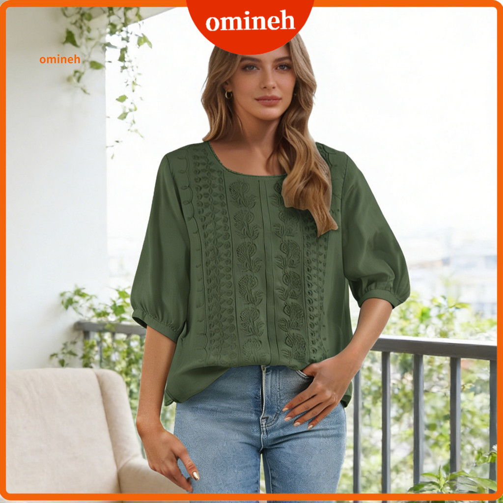 Regular Fit Women's Shirt Casual Top for Women Women’s Embroidered Boho Blouse 3/4 Sleeve Summer Loose Retro Crew Neck