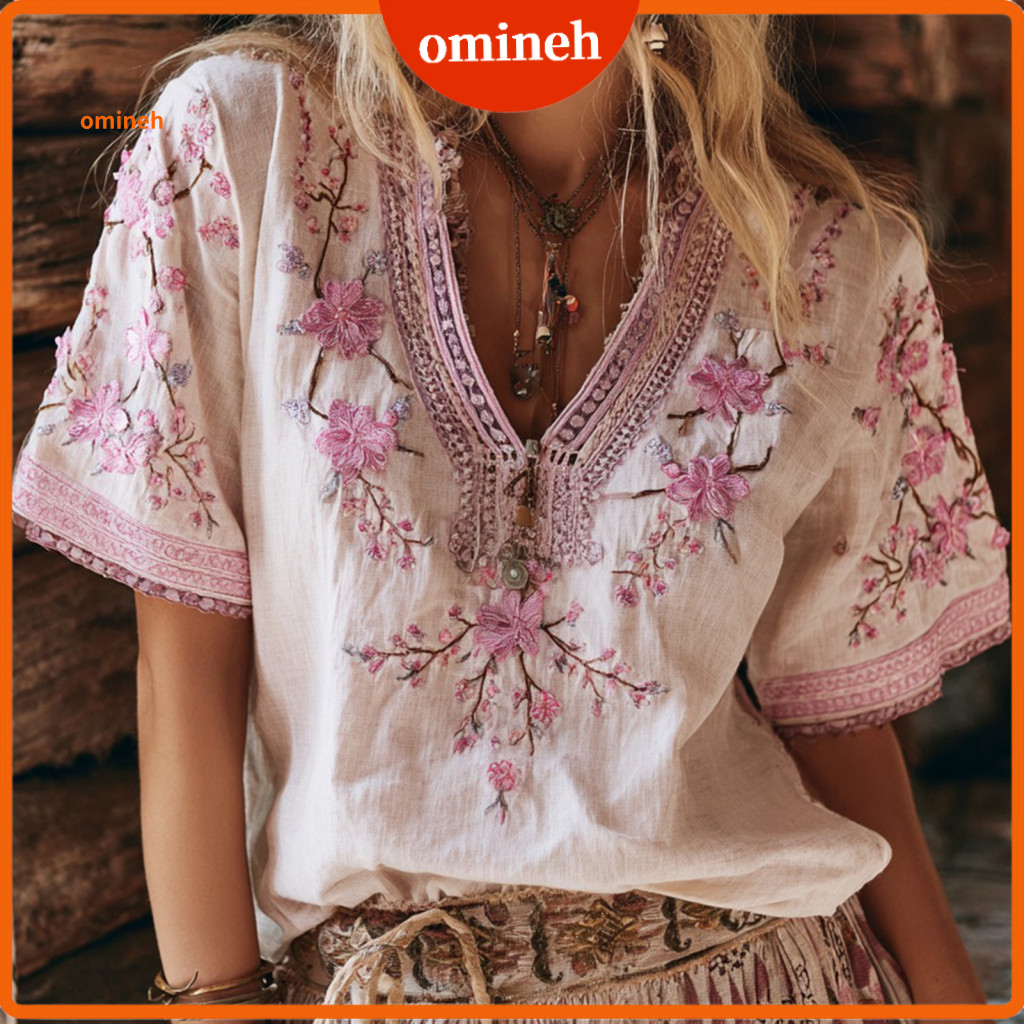 Loose Fit Women Tops Plus Size Flattering Blouse Women’s Summer Embroidered Flower Shirt V-neck Short Sleeve Top Dropp