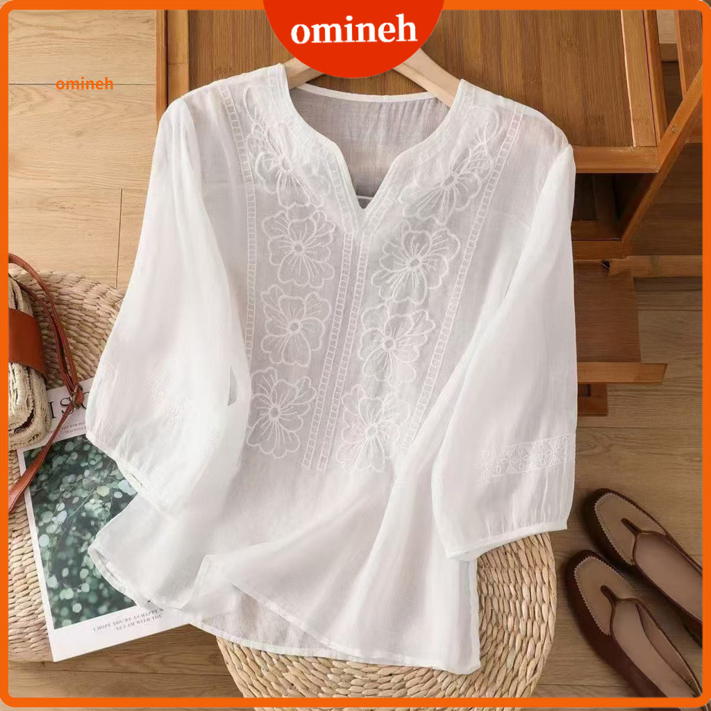 Women Linen Shirt Bohemian Blouse Women’s V-neck 3/4 Sleeve Embroidered Flower Soft Breathable Fabric Casual Pullover
