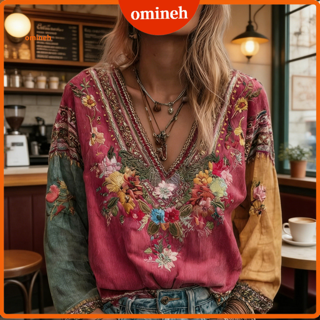 Embroidered Shirt Women Women’s V-neck Long Sleeve Floral Print Bohemian Ethnic Style Pullover Top Casual Daily Wear T