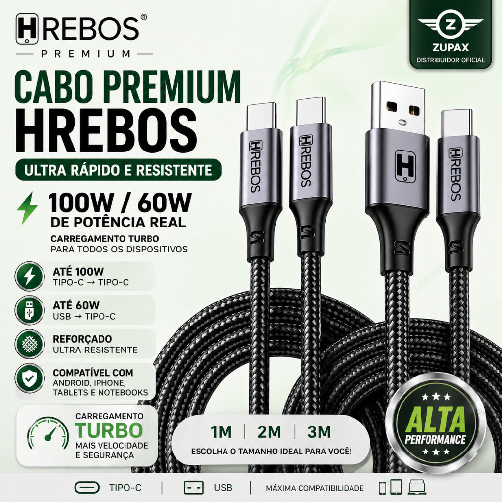 Cabo Tipo C 100W Turbo 1m 2m 3m | Android, iPhon 15 16 17 Tablet Notebook Postagem Imediata Full
