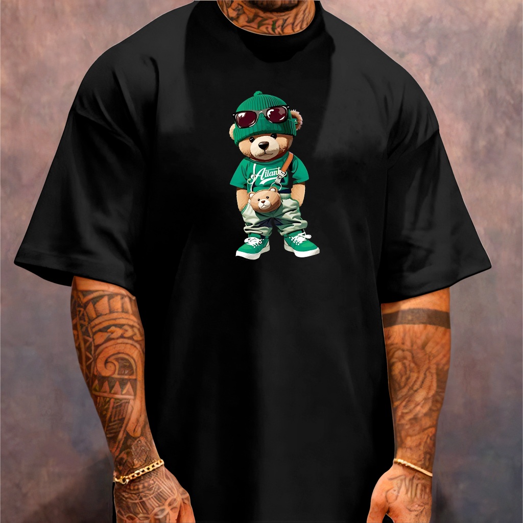 Camiseta Oversized Streetwear Masculina Gola Alta Urso Bear Ganster Eslito de Rua