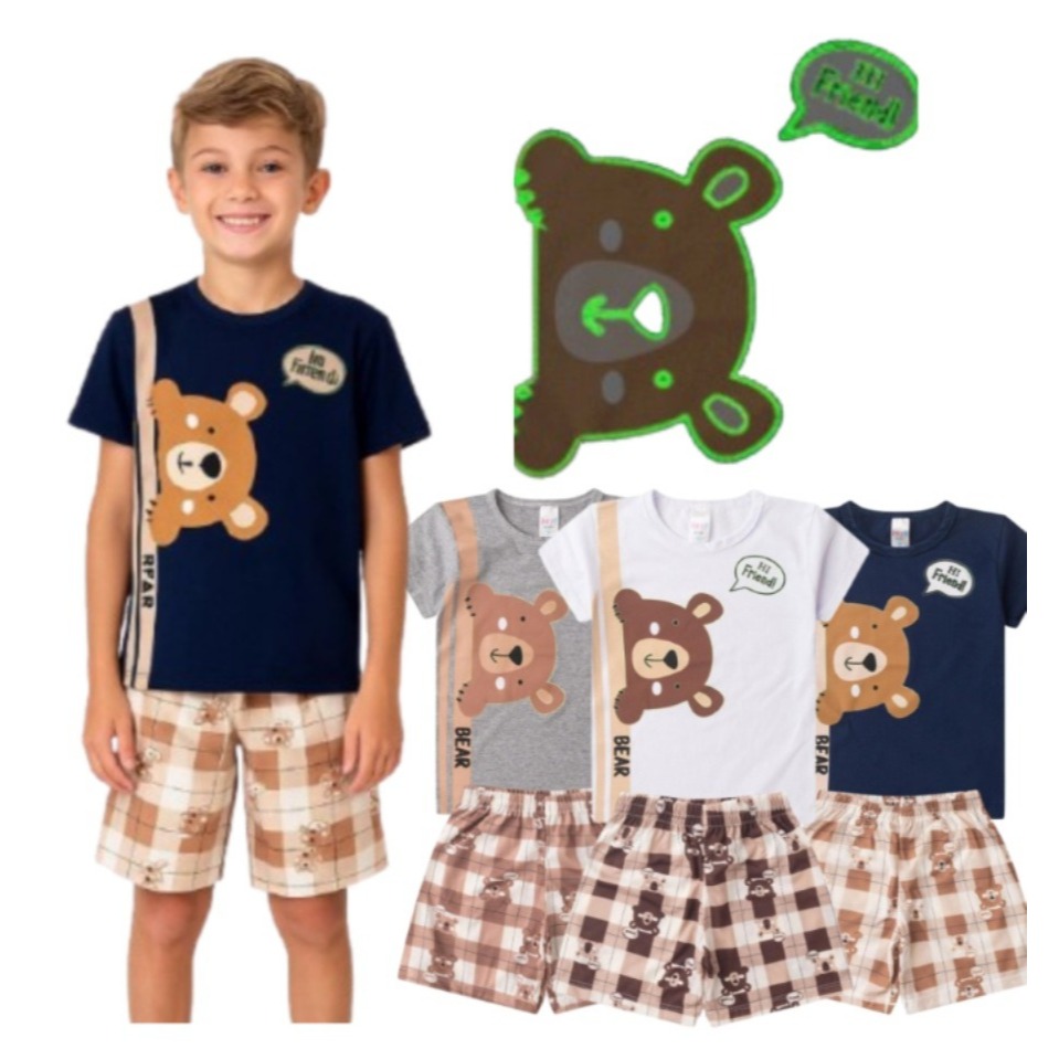 Pijama Conjunto Infantil Masculino Menino Brilha No Escuro Verão Bear Friend Hey Kids Algodão Tam 1 ao 14