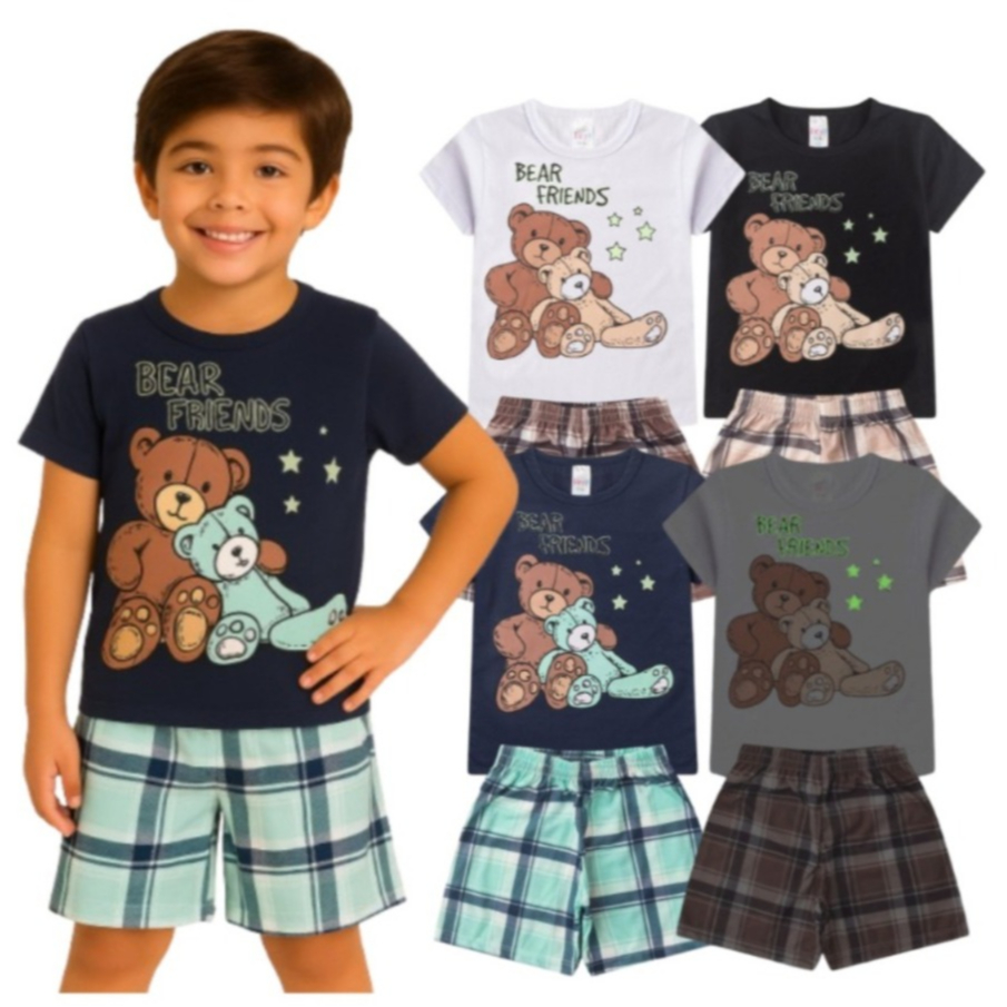 Pijama BRILHA NO ESCURO Infantil Menino Verão Bear Friends - Hey Kids