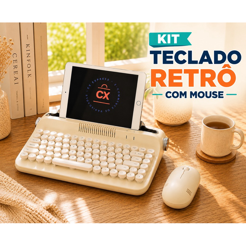 Kit Teclado Retrô Mouse Sem Fio Setup Clássico Mecânico Android iOs Tablet Bege