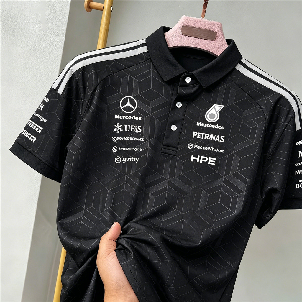 Mens Full Sublimation Dark Series Mercedes AMG Petronas Formula One Team Geométrico Escuro POLO-Neck Respirável E Confor