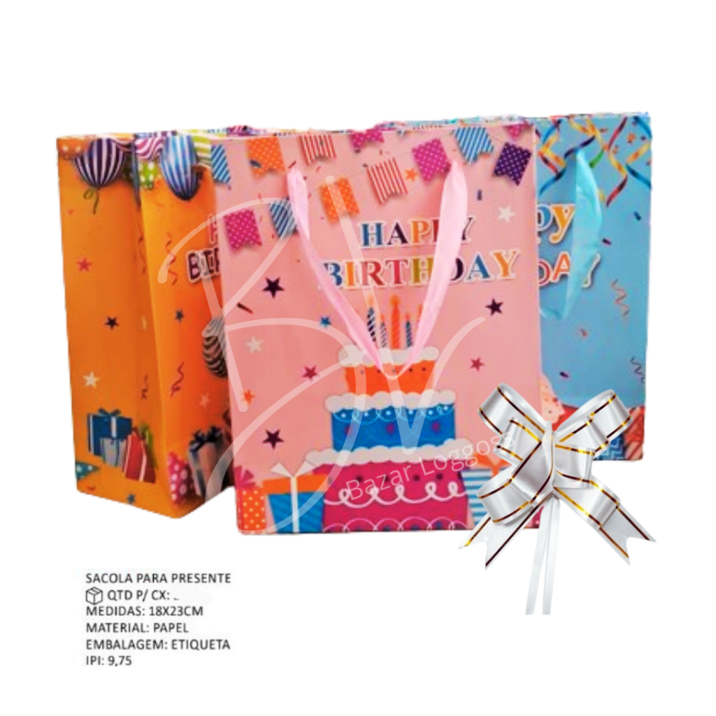 Kit Com 10 Sacolas Para Presente Estampa HAPPY BIRTHDAY Bonita
