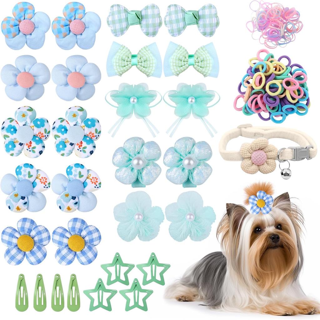 180+ Pcs Green Dog Hair Accessories Set,Small Dog Hair Bows with Rubber Bands,Cute Puppy Hair Ties,Bowties for Small Dog