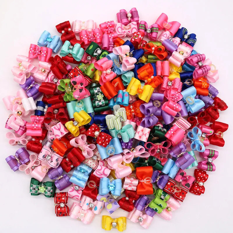 100/300pcs Dog Hair Bows Mixed Patterns Small Dog Bows with Rubber Bands Pet Dog Grooming Accessories