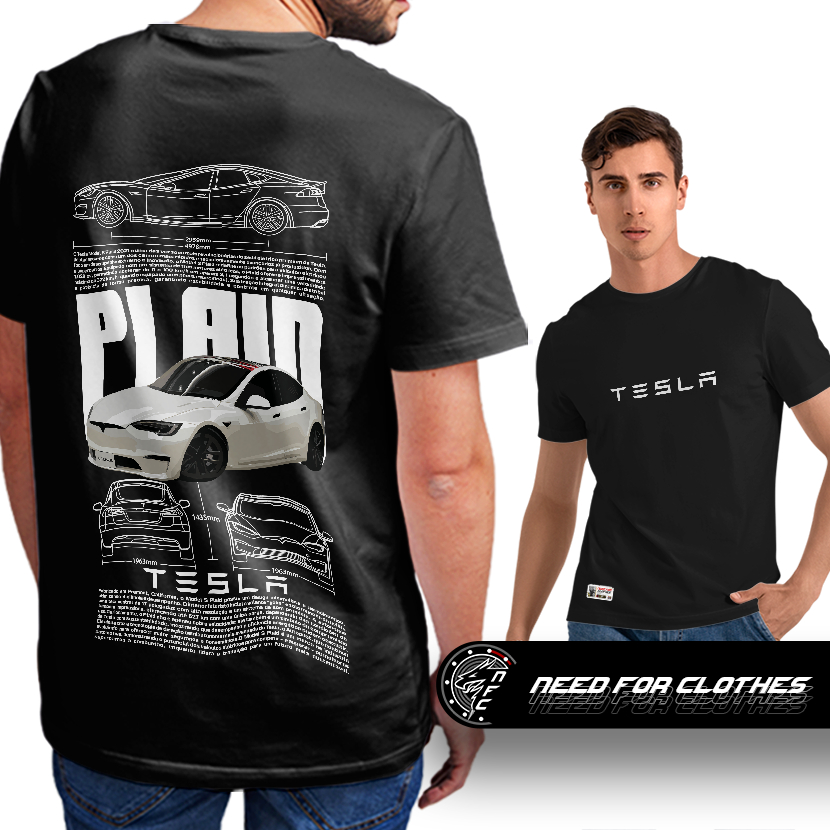 Camiseta Tesla Model S Plaid, Elétrico, 1020cv, 0-100 em 2s, Inovação e Performance