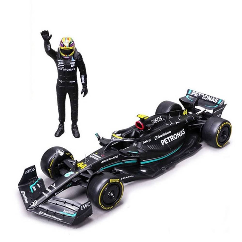 Miniatura Fórmula 1 Mercedes Benz W14 E Performance c/ Figura - #44 Lewis Hamilton (2023) - AMG Petronas - 1:24 - Burago