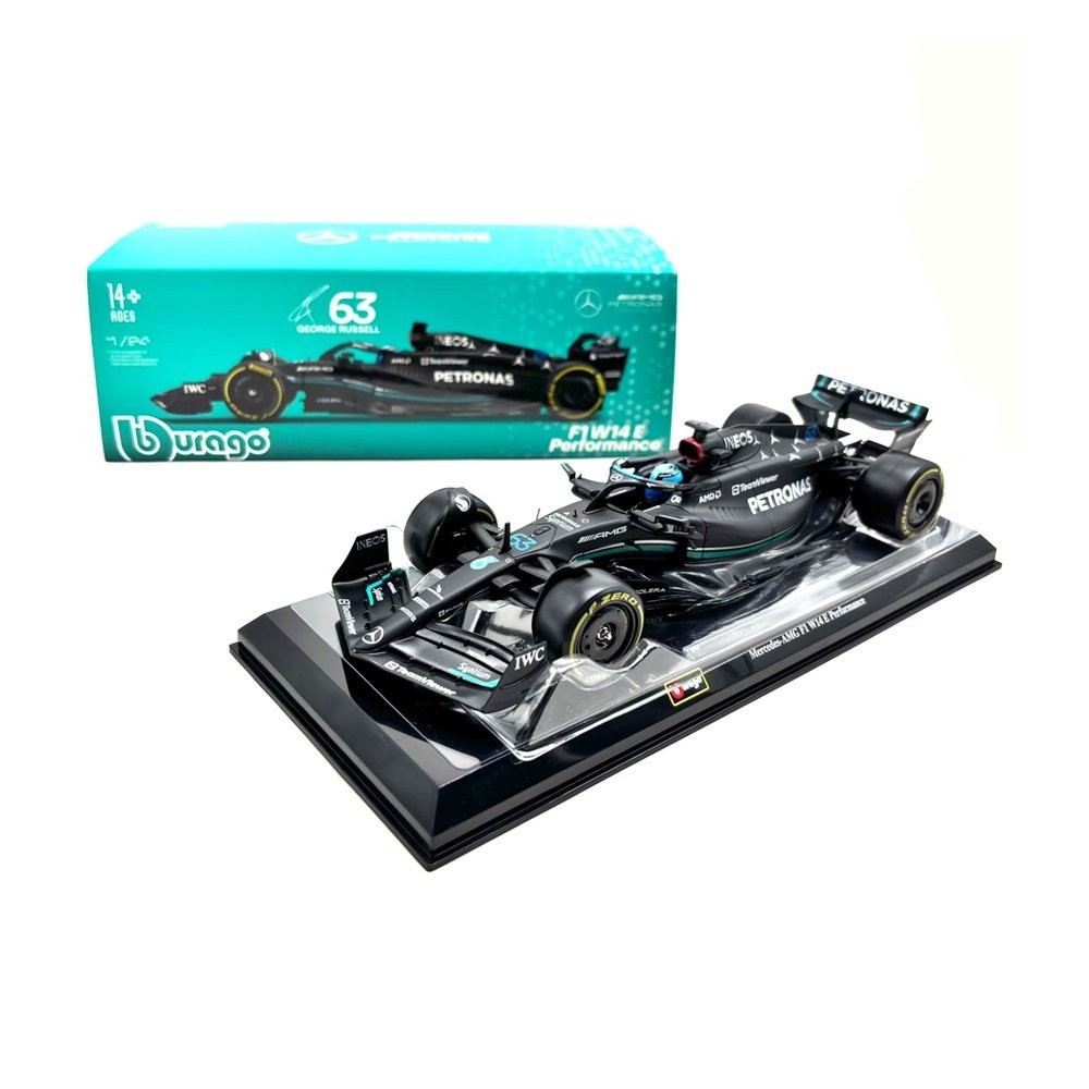 Miniatura Fórmula 1 Mercedes Benz W14 E Performance - #63 G. Russell (2023) - AMG Petronas - 1:24 - Burago C/ Acrílico
