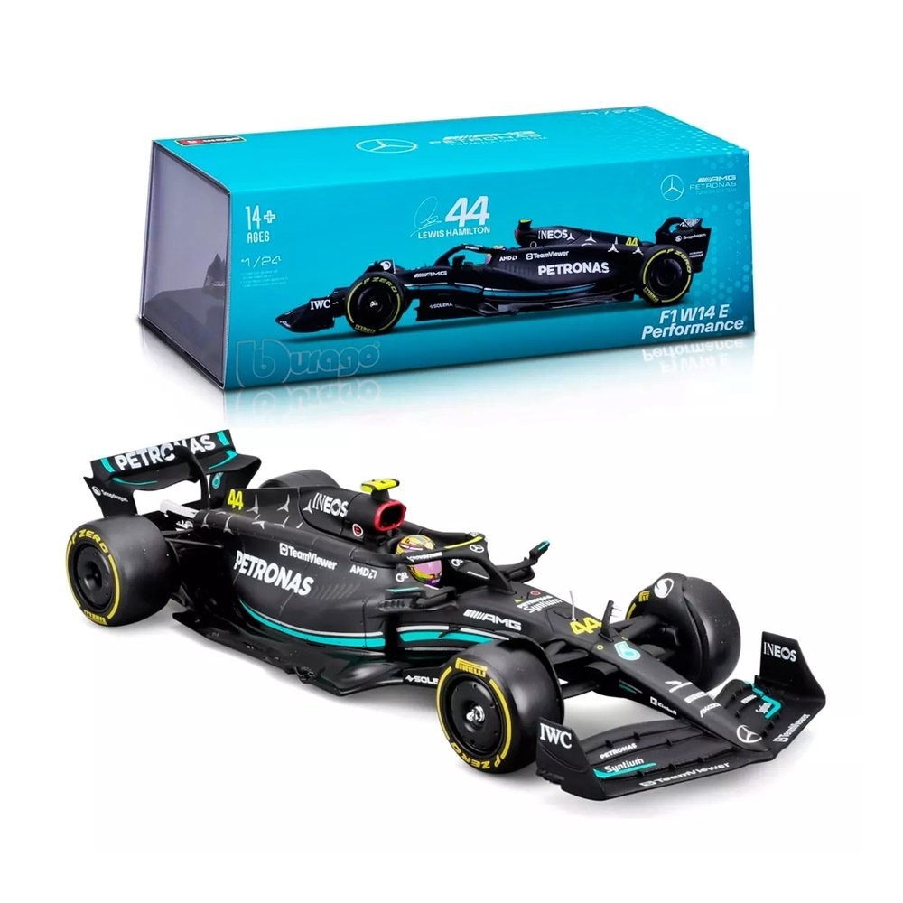 Miniatura Fórmula 1 Mercedes Benz W14 E Performance - #44 L. Hamilton (2023) - AMG Petronas - 1:24 - Burago C/ Acrílico