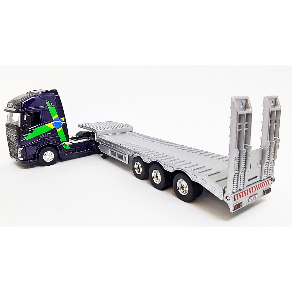 Miniatura Caminhão Volvo FH Performance Azul + Carreta Prancha Plataforma