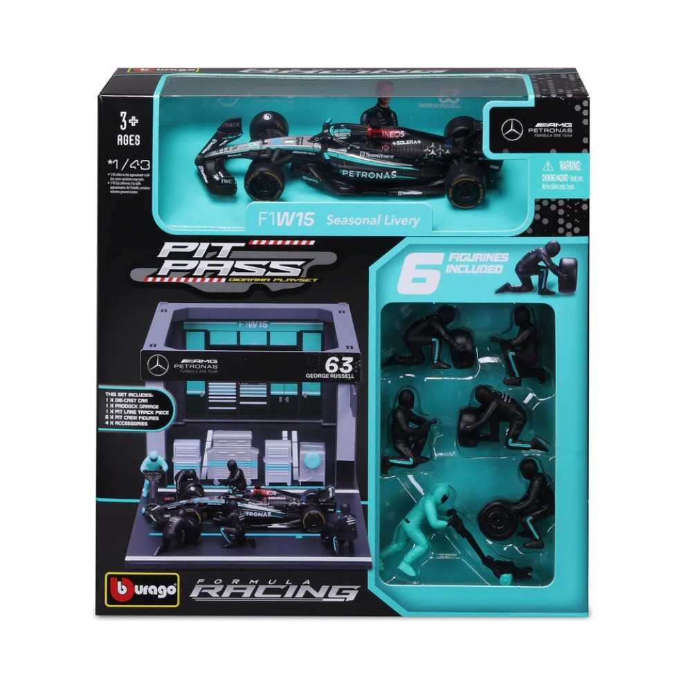 Diorama Garagem de Pit-Stop Mercedes F1 W15 E Performance - George Russell #63 - 1/43 - Formula 1 2024 - Bburago