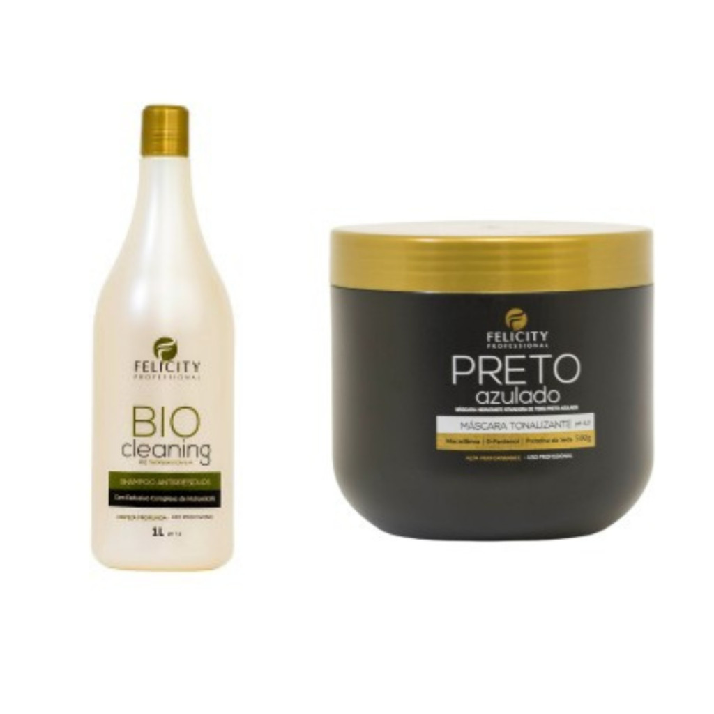 Shampoo Anti Residuos Bio Cleaning Felicity Professional 1L+ Mascara Tonalizante Preto Azulado Felicity