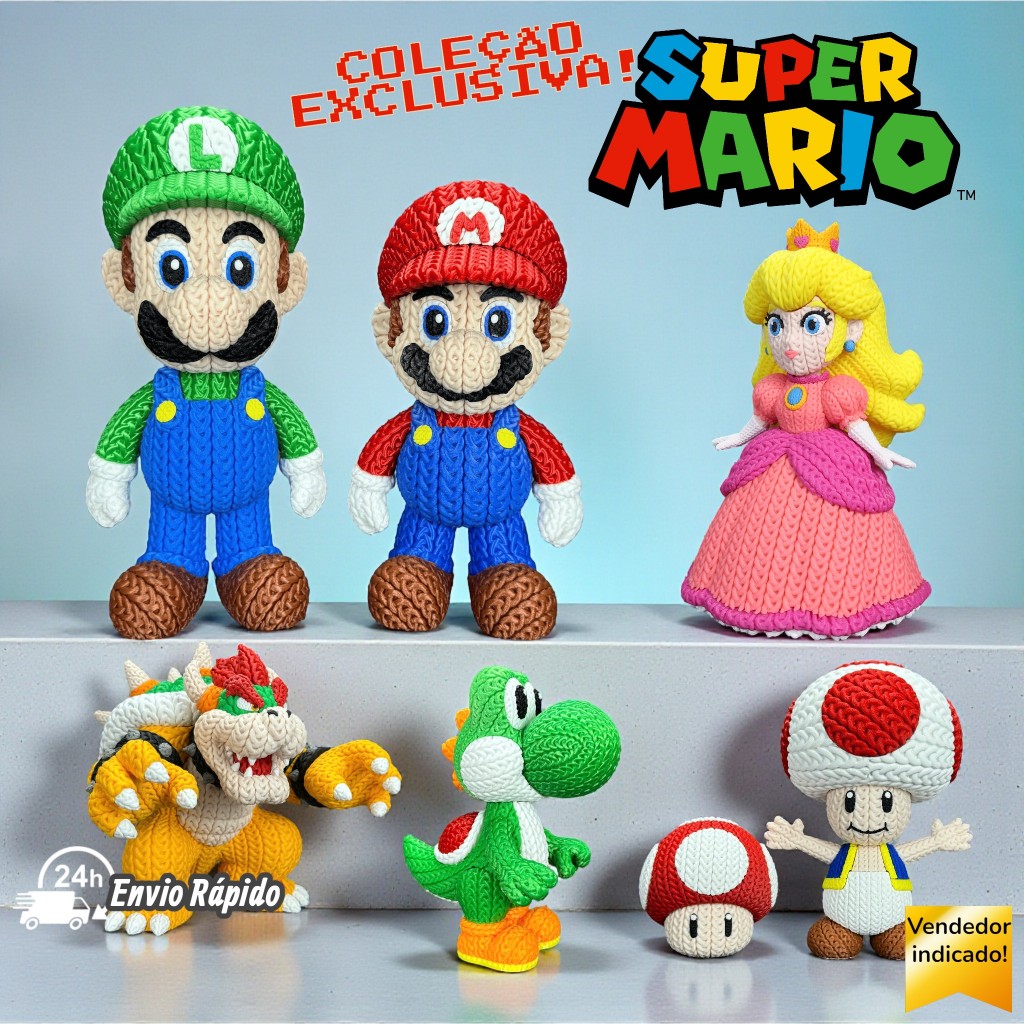 Bonecos Super Mario Luigi Peach Toad Yoshi Bowser Colecionável Estilo Crochê Amigurumi Geek Gamer
