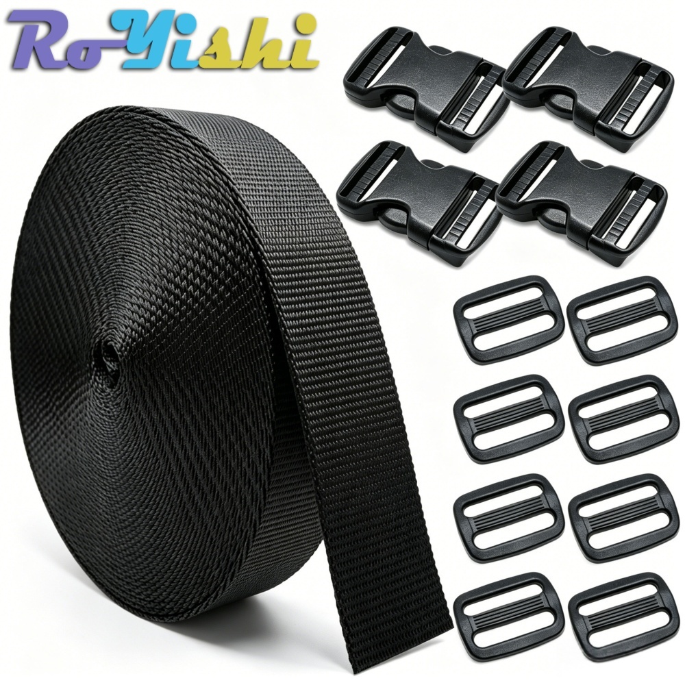 Correia De Nylon Preta De 10-50mm , 5 Jardas , 4 Fivelas De Liberação Lateral Rápida , Clipe Deslizante 8xTri-glide , Co