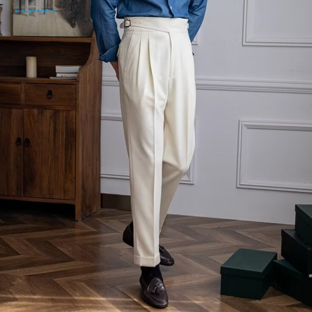 Casual Trousers Adjustable Waist Pants Men's Formal Business Suit Zipper Closure Straight Leg Slacks Office Wear English