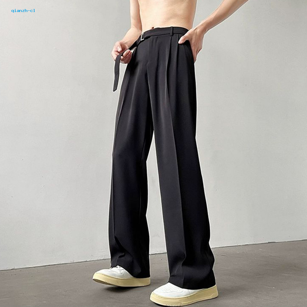 Formal Suit Pants Men Casual Men's Business Wide Leg Straight Trousers with Adjustable Belt Office Wear Solid Color Full